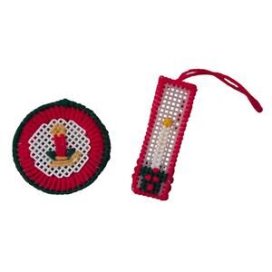 Set 2 Needlepoint Yarn Plastic Christmas Ornaments Candle Red Green